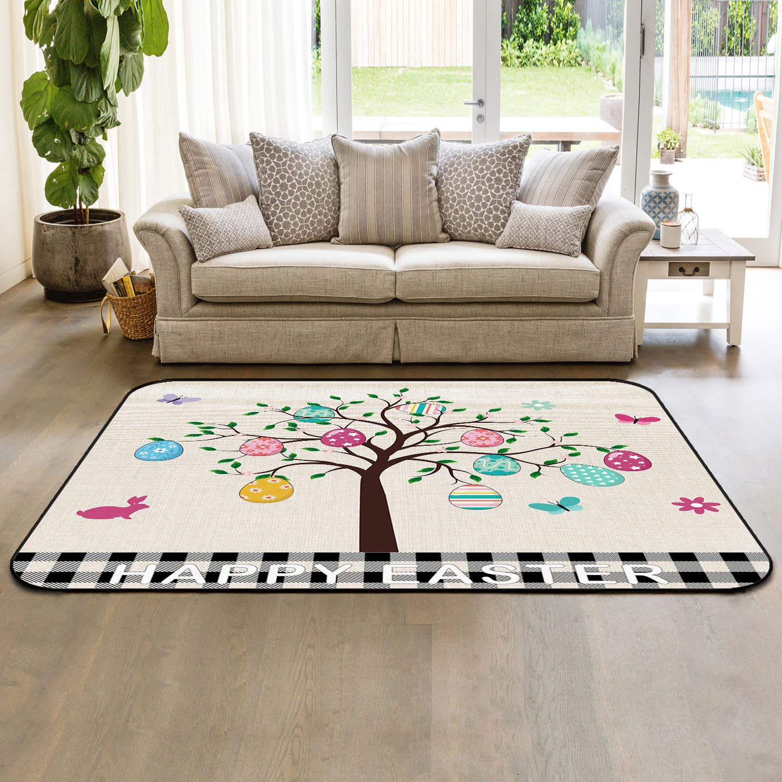 5'x8' Modern Large Area Rugs - Soft Nursery Carpet for Kids Room | Spring Easter Themed Indoor/Outdoor Floor Mat | Colorful Eggs & Tree Design in Black & White Checker Pattern | Perfect for Living Room, Bedroom, Playroom & Patio Decor