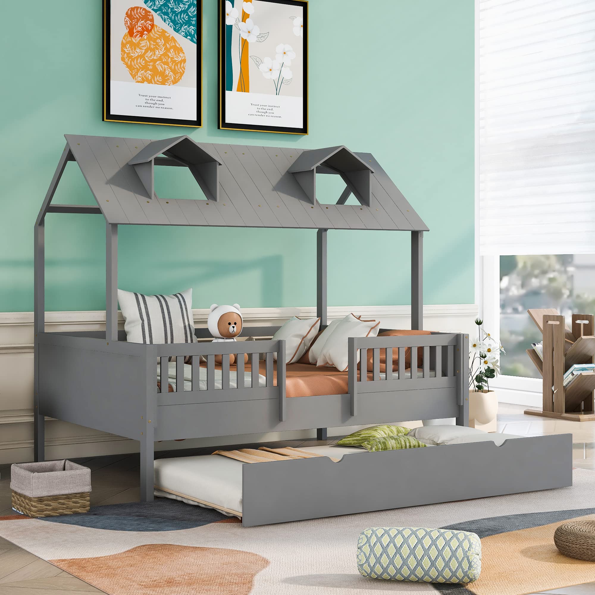 **Full Size House Bed Daybed with Trundle - Wooden Sofa Bed Frame with Roof, Safety Fence & 2 Sky Windows - Kids Tent Bed for Boys & Girls - No Box Spring Needed - Perfect for Bedrooms, Playrooms & Sleepovers (Gray)**