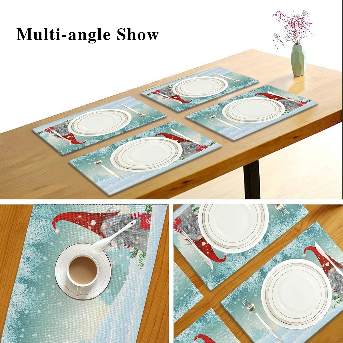 Bolaz Lovely Christmas Gnome Standing Snowfall Winter Placemats Set of 4 - Washable Snowflake Table Mats for Kitchen Dining Home Decor (12x18 inches) - Perfect for Holiday Parties, Winter Dinner Settings & Festive Home Decorations