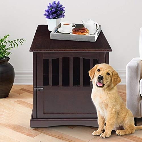 Stylish Brown Wood Dog Crate Table - Modern Kennel End Table with Hidden Enclosure | Durable Indoor Pet Furniture for Living Room, Bedroom & Office Decor