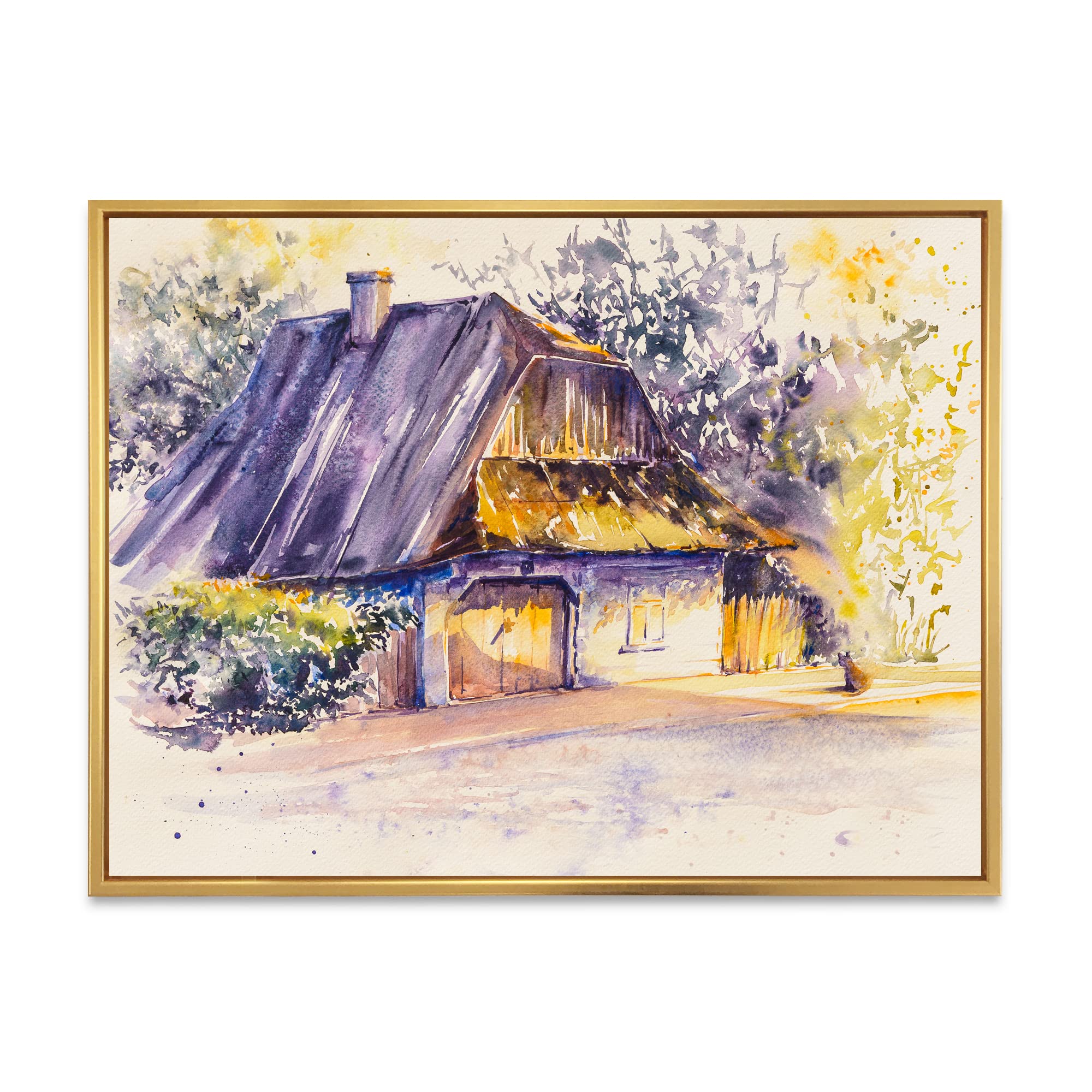 Vintage Wooden White House Countryside Village Painting - Traditional Framed Canvas Wall Art Print for Living Room, Bedroom & Office Decor
