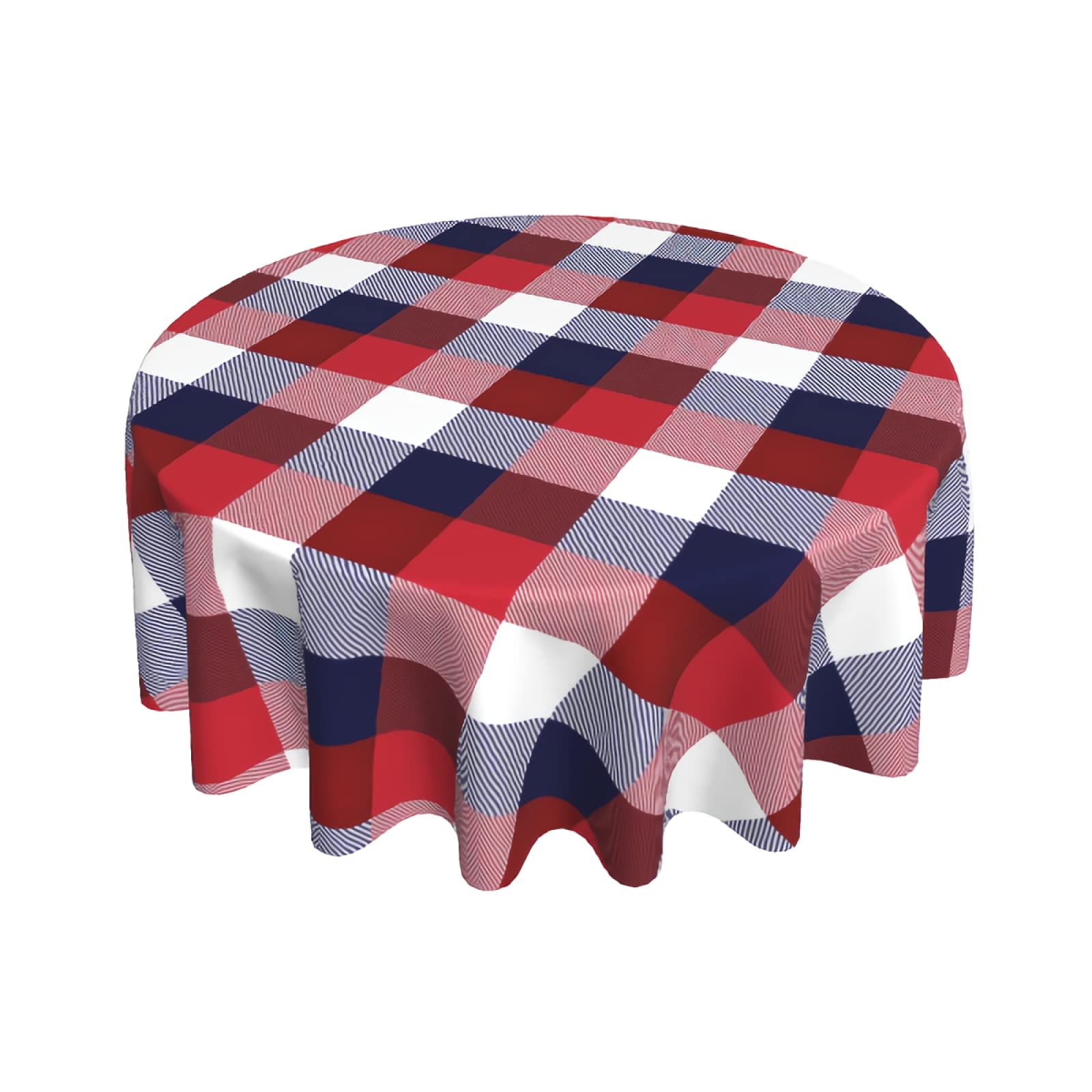 American Checkered Flag Tablecloth 60 Inch Round - Waterproof White Blue Red Plaid Weave Fabric Table Cover for Holiday Dinner, Picnic, Party Decoration (Indoor & Outdoor Use)