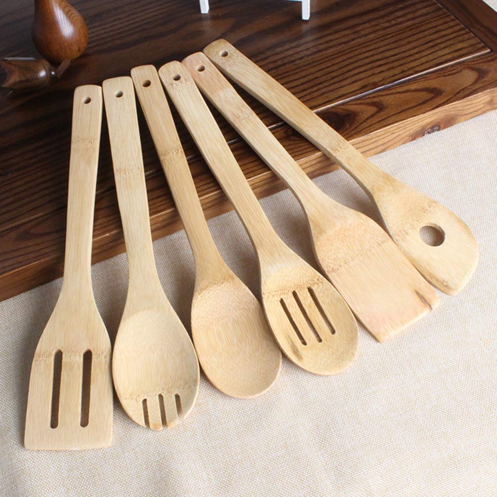 6-Piece Bamboo Kitchen Utensil Set - Wooden Spoons & Slice Tools for Cooking, Baking & Serving - Eco-Friendly Cutlery for Home Chefs & Professional Kitchens