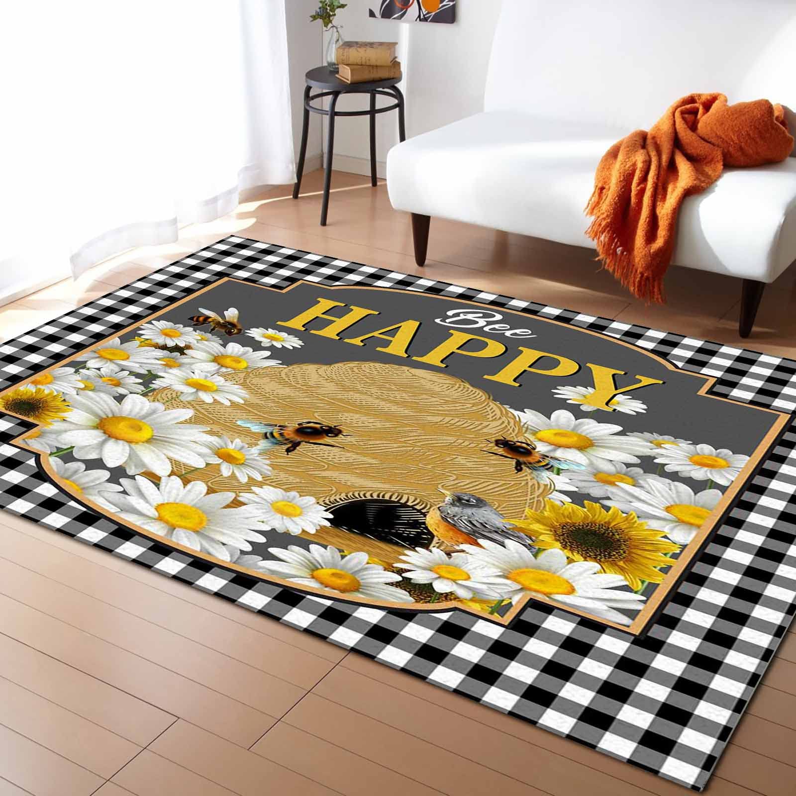 Non-Slip Contemporary Indoor Area Rug - Spring Bee White Daisy Black Plaid Design, Rubber Backed Fade-Proof Washable Carpet for Living Room & Bedroom Decor, 4' x 6' - Perfect for Home, Office, and Dorm Room Flooring