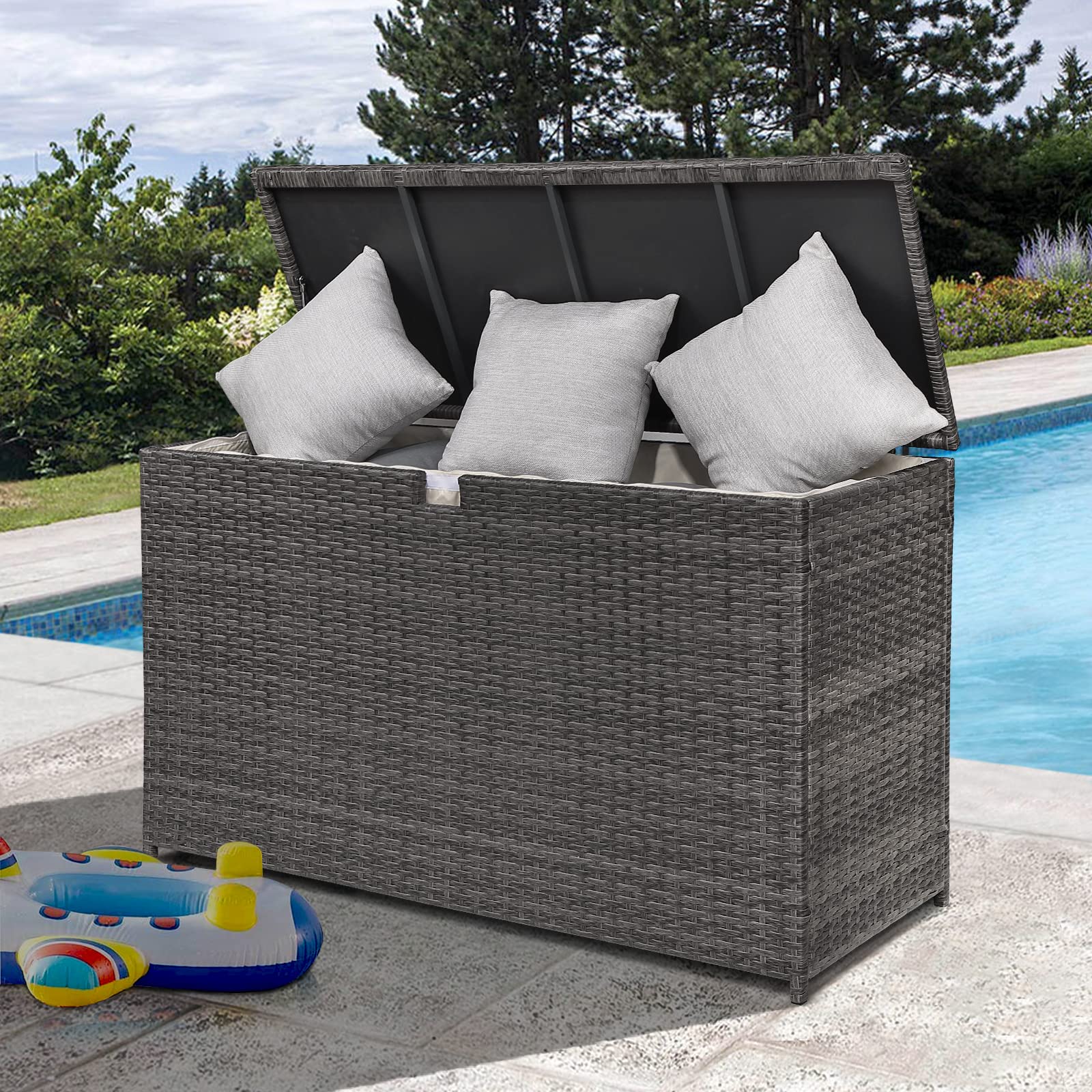 JOIVI 120 Gallon Waterproof Outdoor Patio Storage Box - Large Wicker Deck Box for Cushions, Garden Tools & Pool Toys - Weatherproof Gray Storage Bin for Backyard, Garden & Poolside Organization