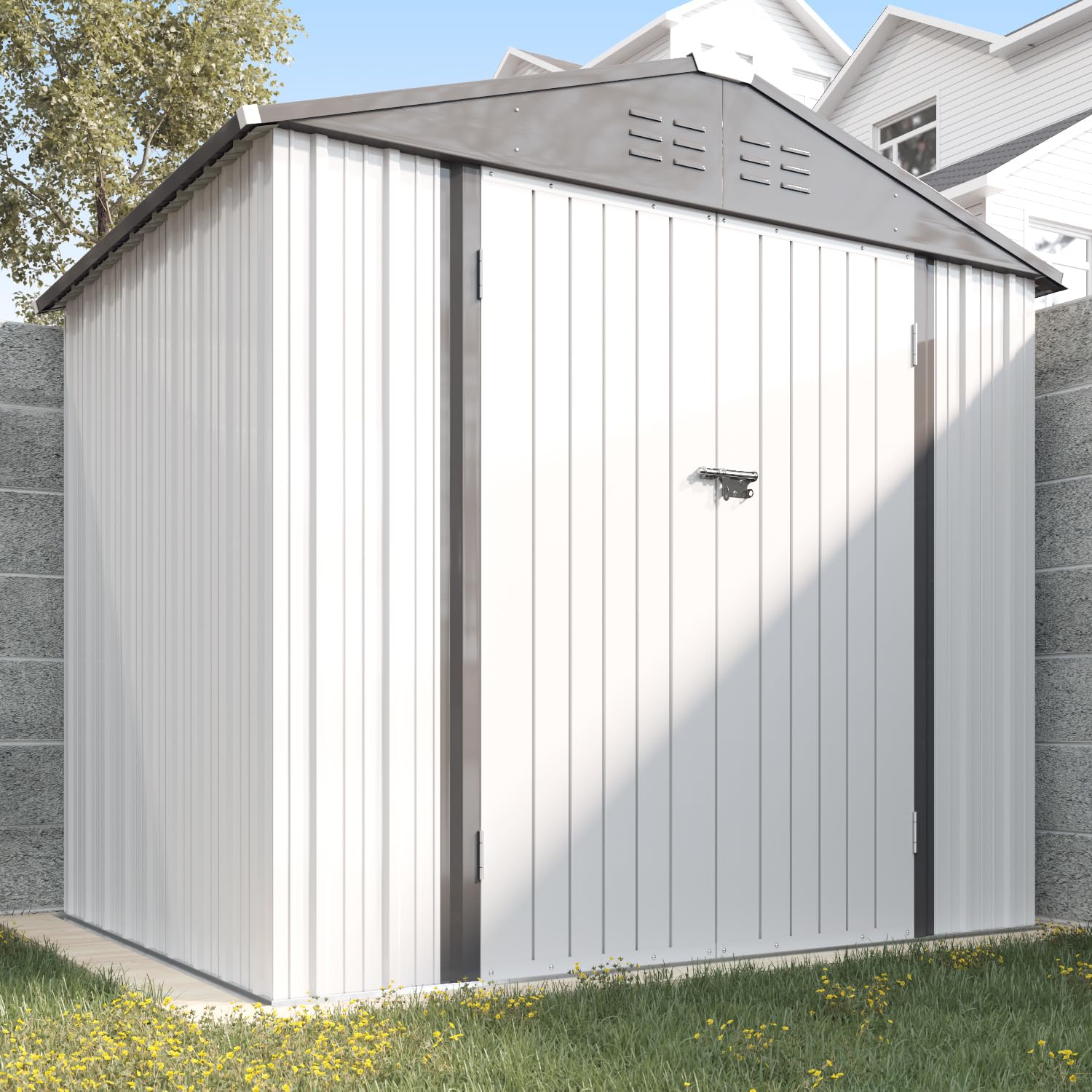 Greesum 8FT x 6FT Metal Outdoor Storage Shed - Heavy Duty Steel Utility Tool Shed with Secure Door Lock - Weather Resistant Garden Shed for Backyard, Patio, Lawn Equipment Storage (White) - Perfect for Storing Lawn Mowers, Gardening Tools & Outdoor Furniture