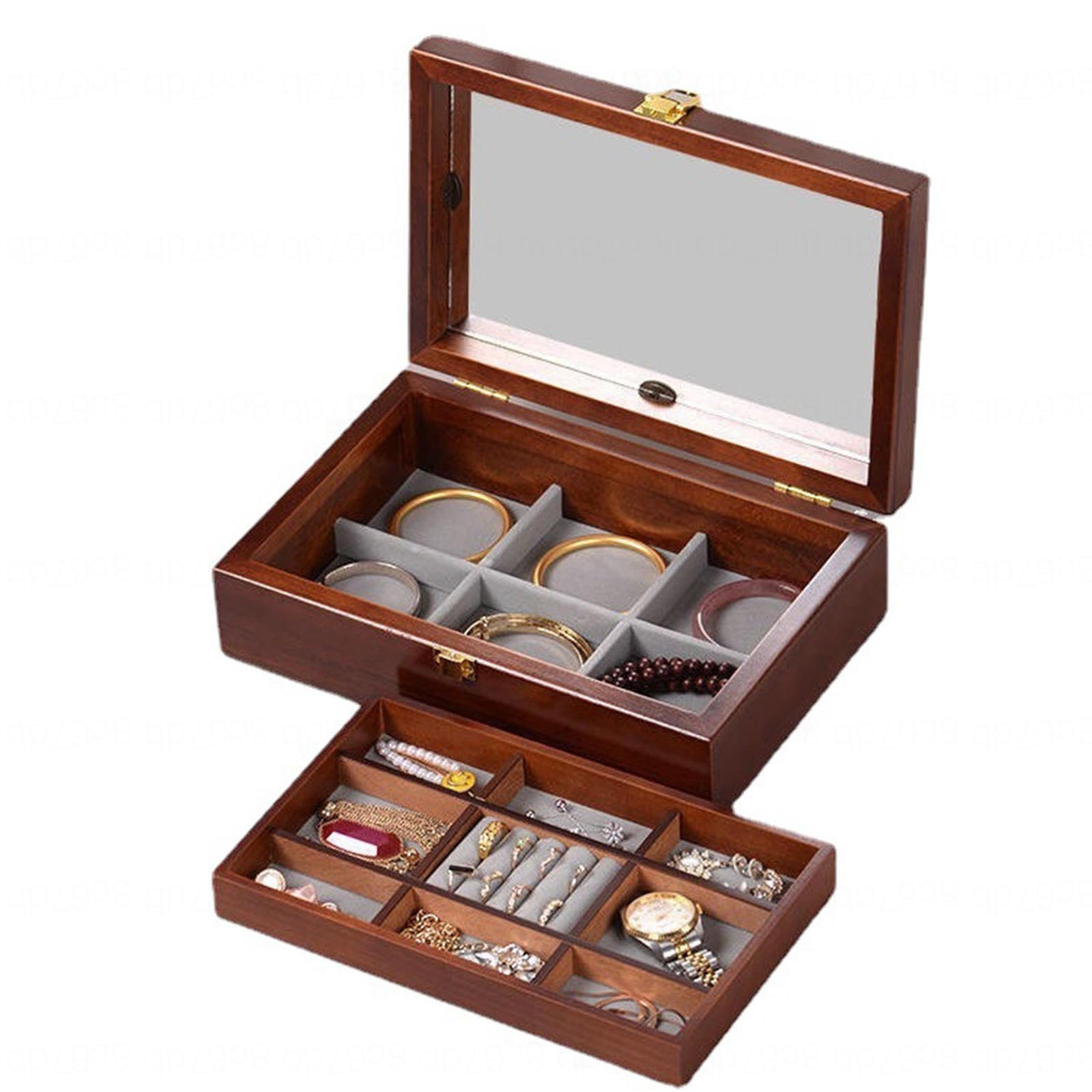 Premium Solid Wood Jewelry Box with Pure Copper Accents - Vintage Display Case for Necklaces, Rings, Earrings, Bracelets & Watches - Walnut Finish - Perfect for Home Organization, Gift Giving & Boutique Displays