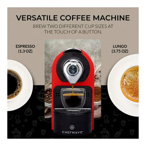 ChefWave Mini Espresso Machine for Nespresso Pods - Programmable One-Touch Coffee Maker with Water Tank & Pod Holder, Includes 2 Double-Wall Glass Cups & 20 Bestpresso Intenso Capsules - Perfect for Home, Office or Gifts (Red)
