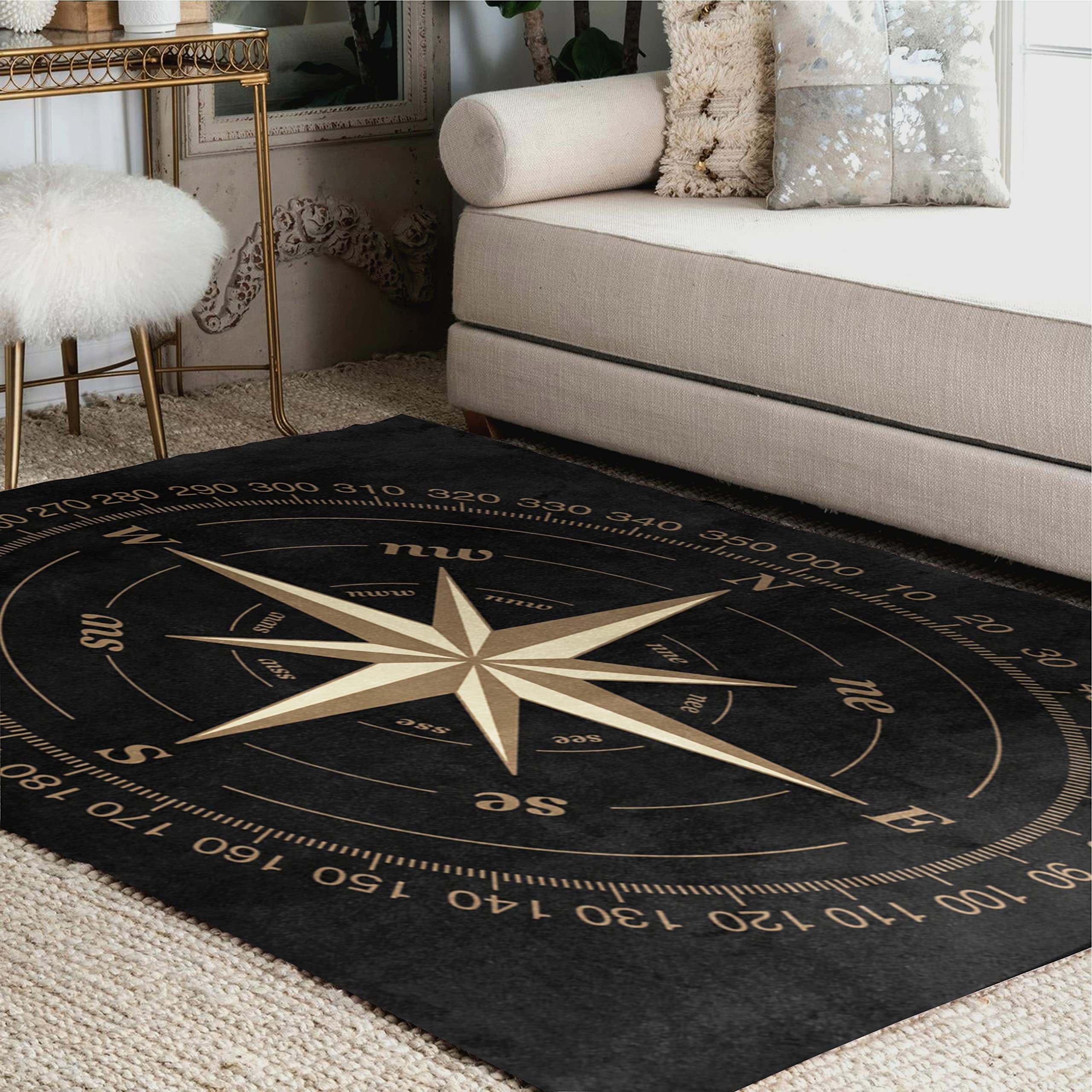 ALAZA Compass Rose Black Area Rug 7' x 5' - Non-Slip Living Room & Bedroom Carpet - Bohemian Home Decor for Dorm, Office, Nursery | Soft Floor Mat for Kids Play Area