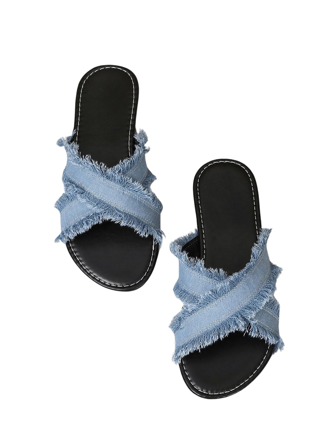 Verdusa Women's Criss Cross Denim Sandals - Open Toe Slip On Slides with Comfortable Flat Sole | Perfect for Summer, Beach, Casual Outings and Vacation Wear