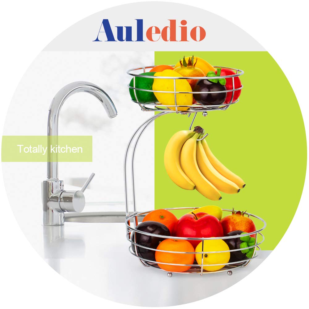 Auledio 2-Tier Countertop Fruit and Vegetable Storage Basket with Banana Hanger - Chrome Metal Kitchen Organizer for Fresh Produce Display in Pantry or Dining Room