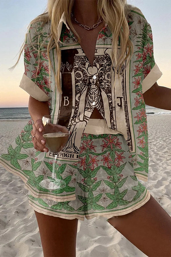 Stylish Tarot Print Loose Fit Button Front Elastic Waist Shorts Set for Women - Perfect for Summer Casual Wear, Yoga, and Beach Outings