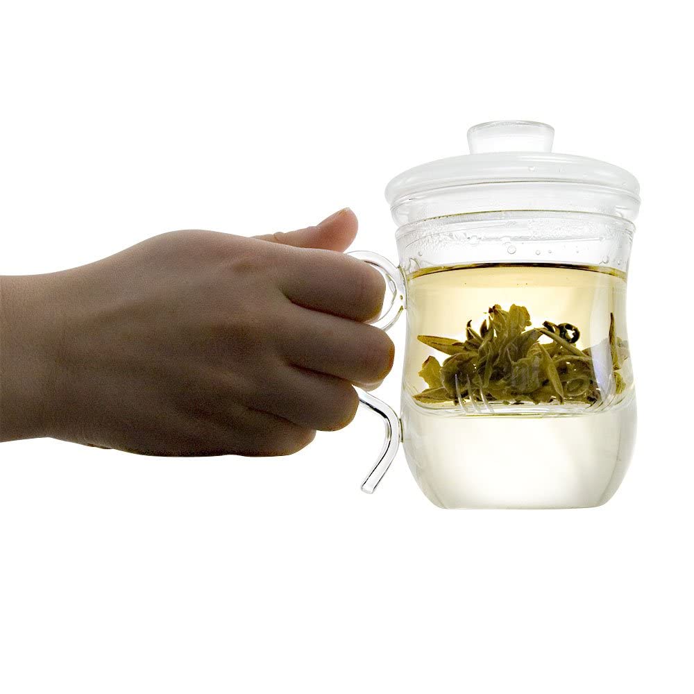 Premium 350ml Glass Teapot Infuser Mug with Removable Strainer - Ultra Clear Loose Tea Cup with Drip Catcher Lid - Perfect for Home, Office & Tea Ceremonies