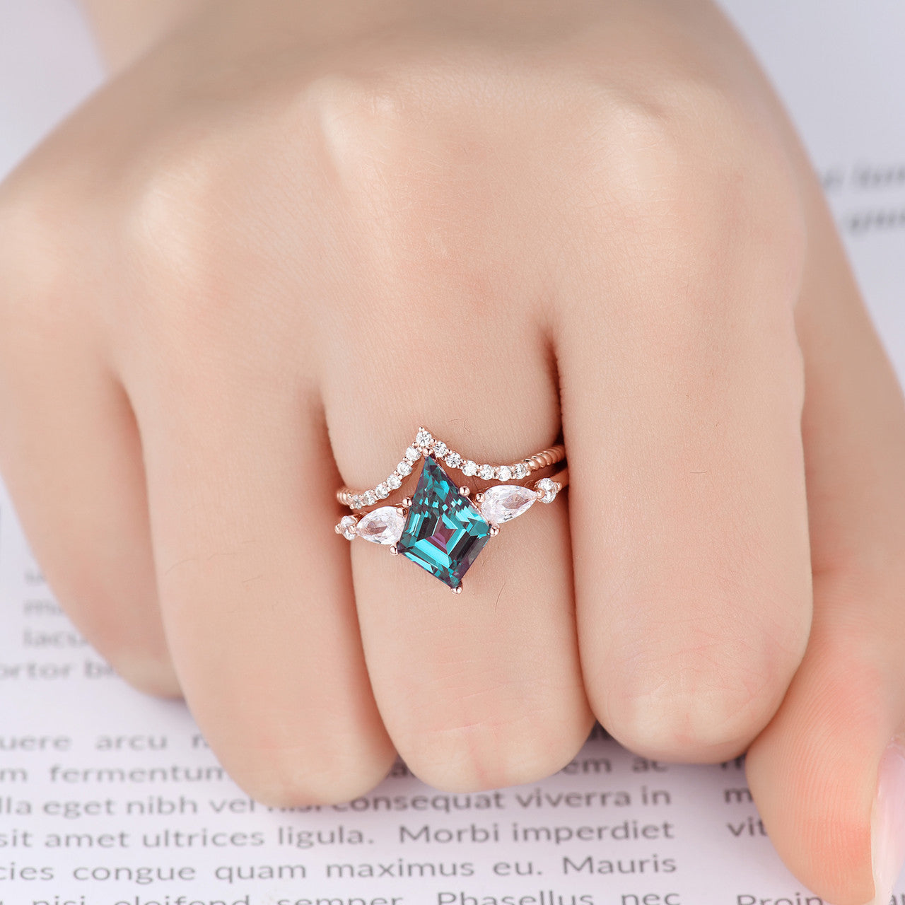 7x10mm Rose Gold Kite Step Cut Alexandrite Engagement Ring Set with Moissanite Wedding Band & Curved V Matching Band | Perfect for Proposals, Anniversaries & Bridal Jewelry