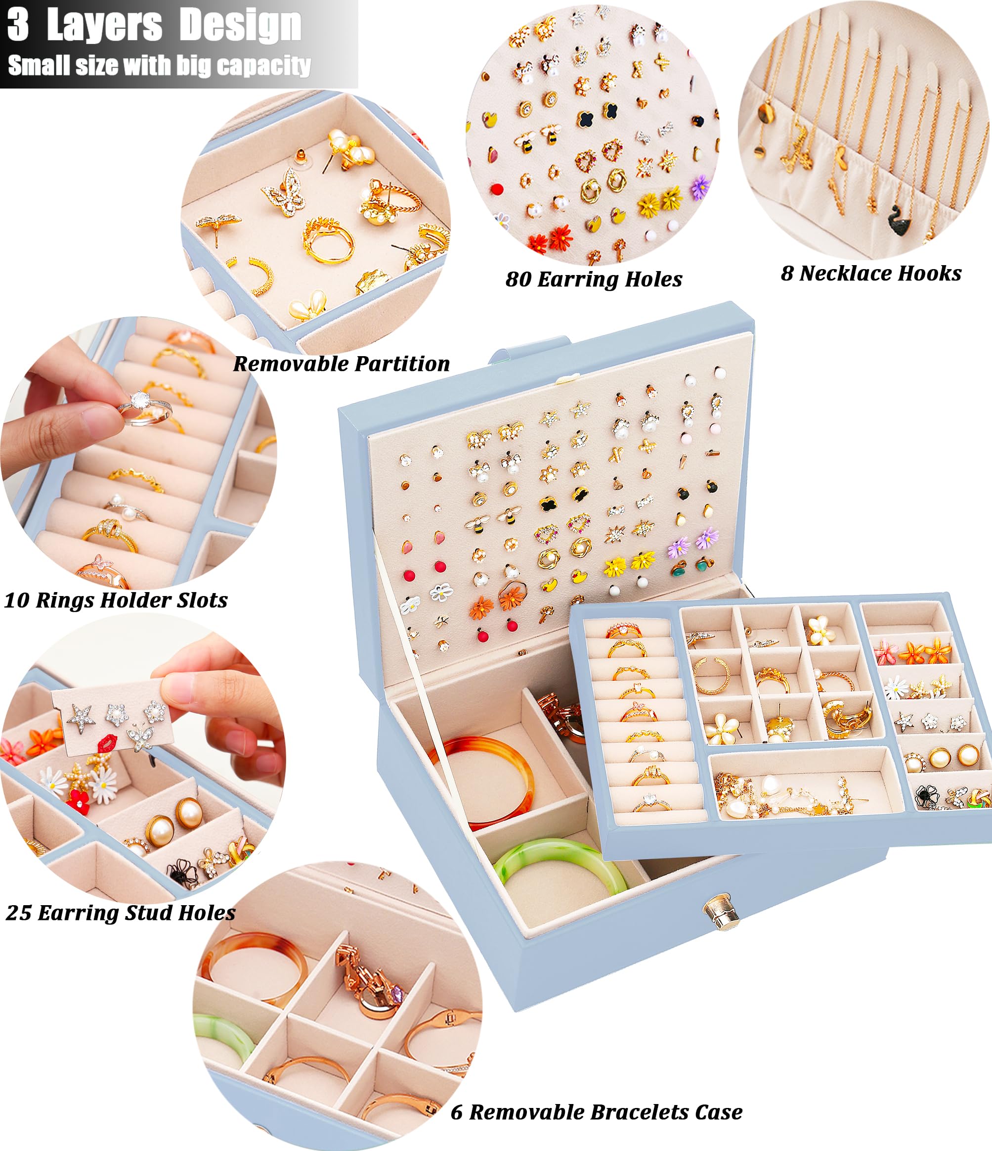**Blue Jewelry Box Organizer for Girls - Earring Holder, Necklace & Ring Storage - Perfect for Teen Bedroom, Travel & Gift Giving**