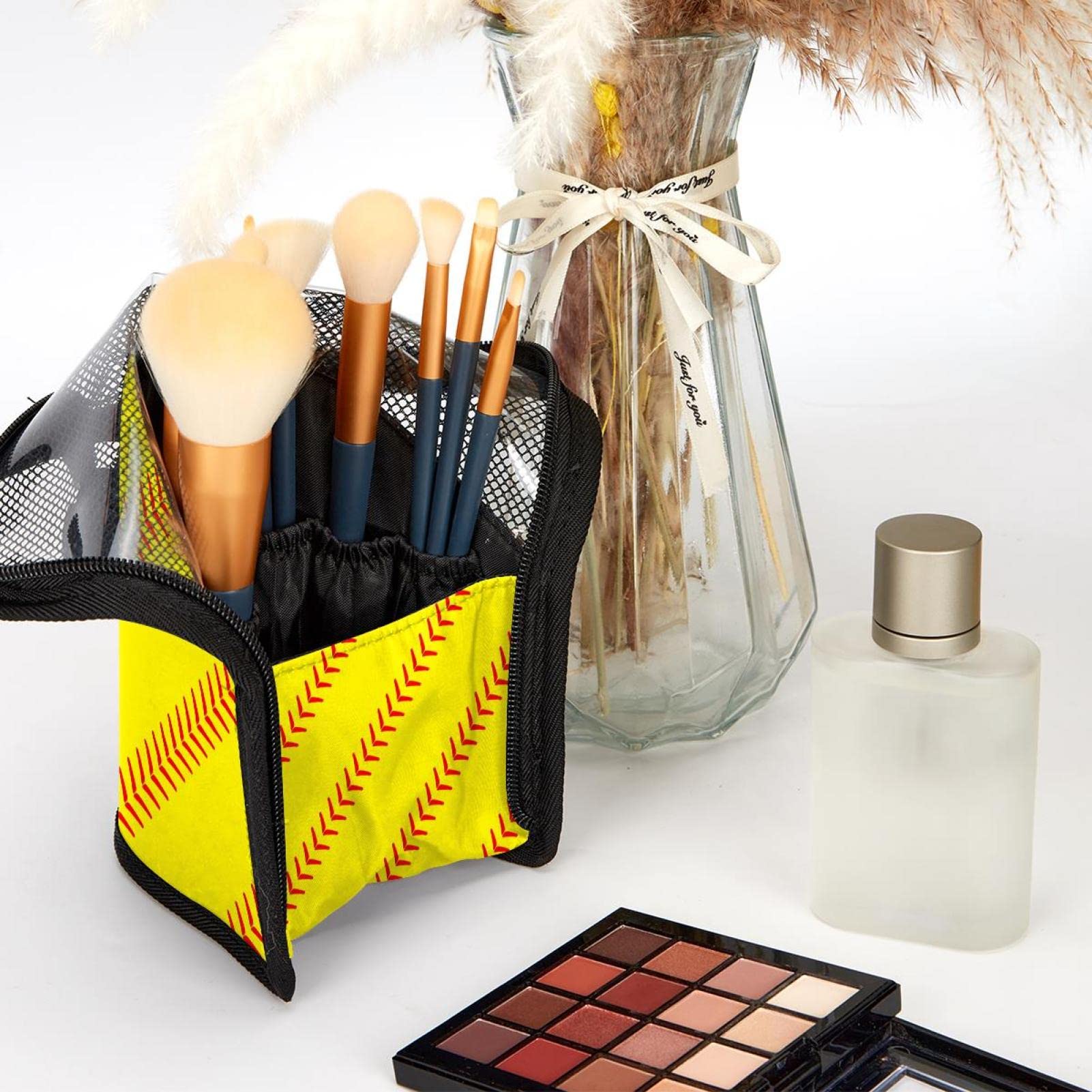Premium 12-Piece Makeup Brush Organizer Bag - Yellow Baseball Texture Portable Brush Holder Case for Travel & Home Storage | Perfect for Makeup Artists & Beauty Enthusiasts