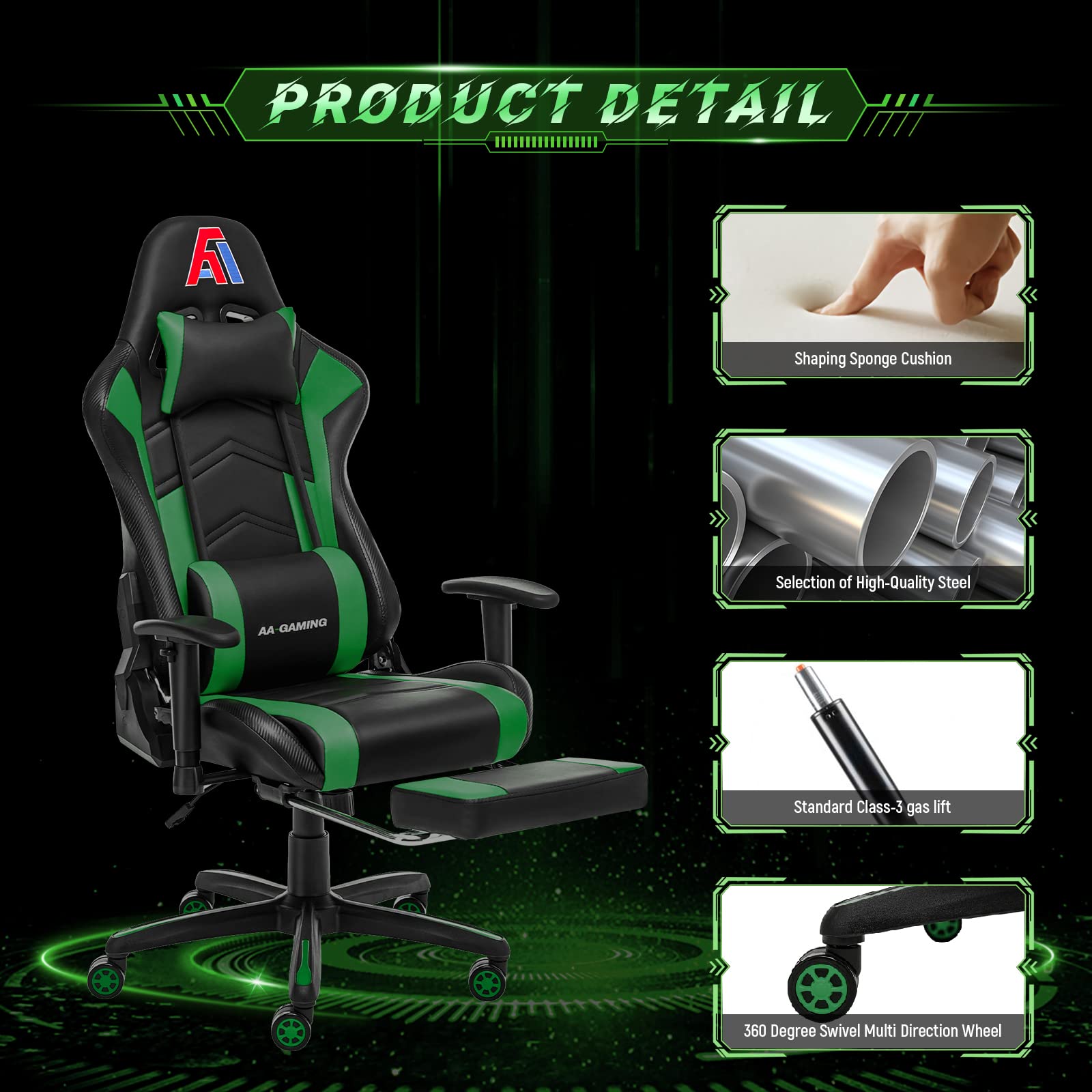 Premium Gaming Chair - High Back Ergonomic Computer Racing Chair with Adjustable Lumbar Support & Footrest - Swivel Office Gamer Chair for PC, PS5, Xbox - Black Green (Perfect for Esports, Streaming & Home Office)