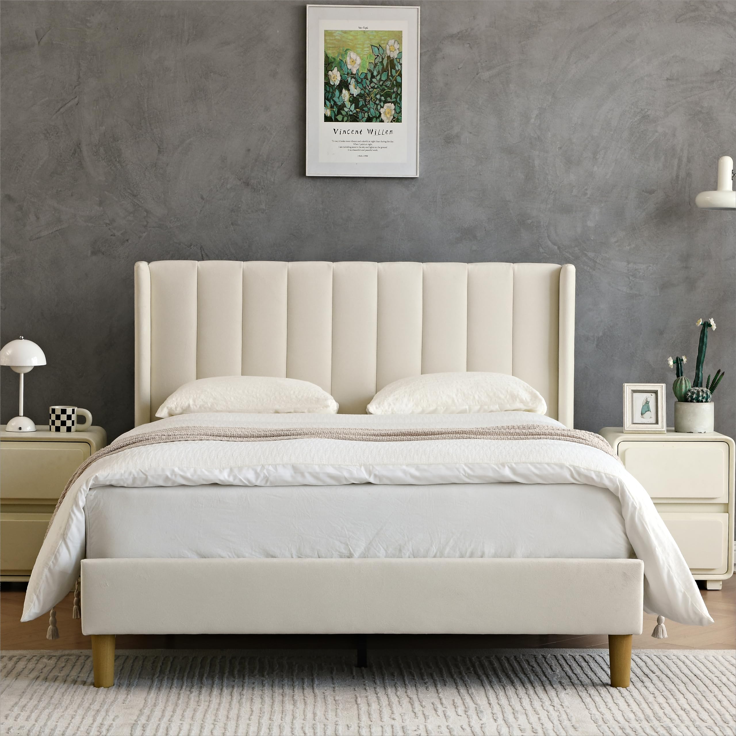 Luxury Velvet Upholstered Platform Bed Frame - Full Size, Modern Geometric Winged Headboard, Quiet & Easy Assembly, Cream Fabric - Perfect for Master Bedroom, Guest Room, or Apartment Decor