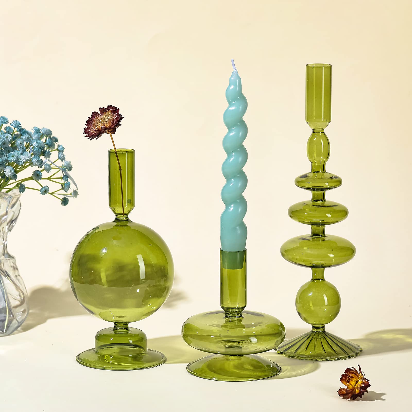 Rtteri 3-Piece Glass Candlestick Holders Set - Elegant Wavy Taper Candle Holders for Home Decor, Wedding Centerpieces & Party Decorations (Green)