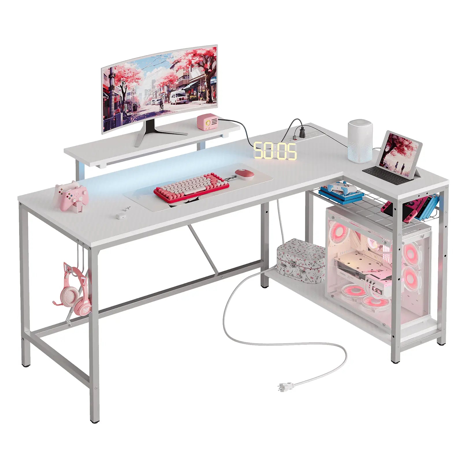 Bestier 58 Inch LED L-Shaped Gaming Desk with Shelves - Ergonomic Computer Desk for Home Office & Gaming Setup - Perfect for PC Gamers, Streamers & Remote Workers