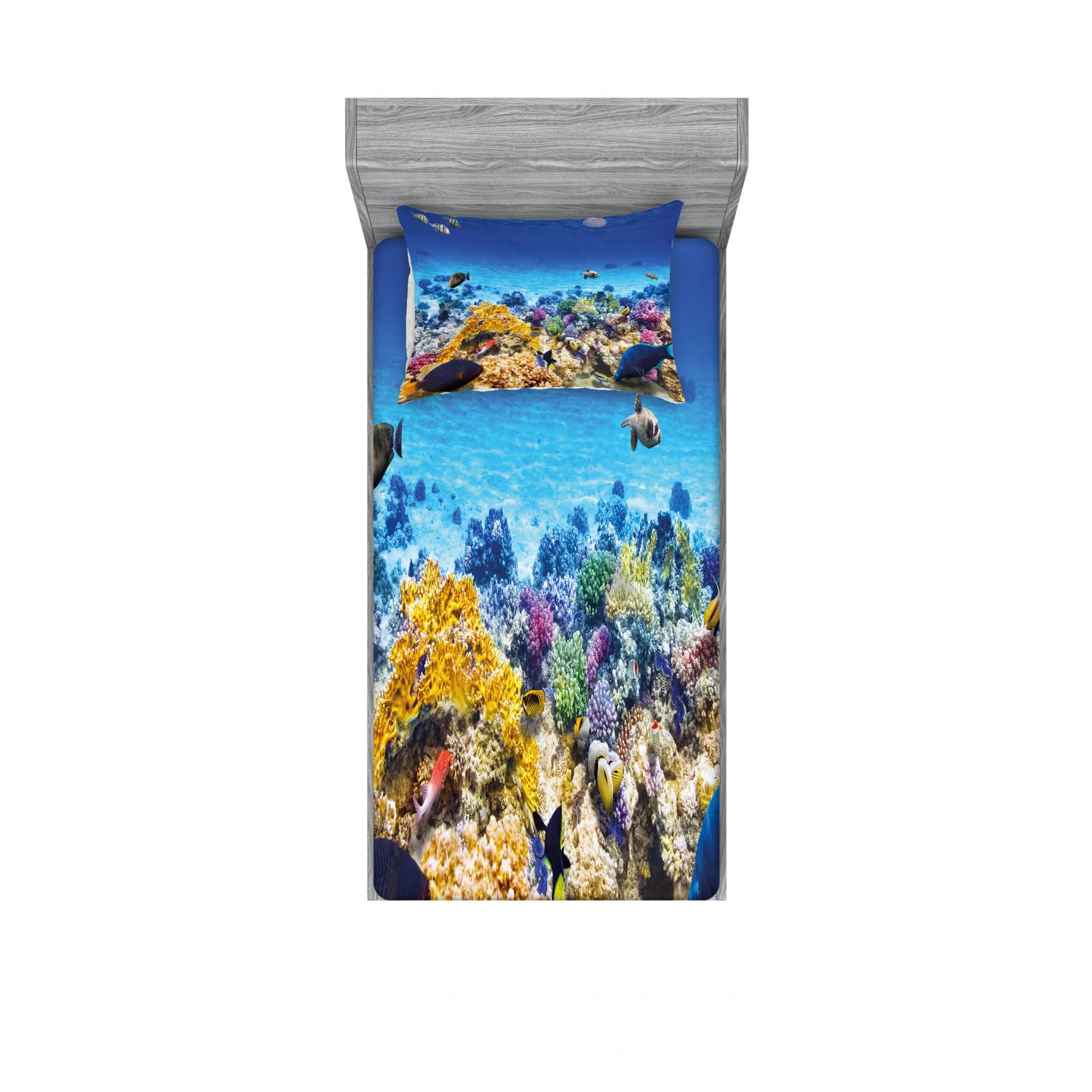 Ambesonne 2-Pack Twin XL Fitted Sheets & Pillow Sham Set - Ocean Coral Goldfish Pattern, Turquoise Blue 4-Piece Bedding Set for Kids & Teens | Soft Microfiber Sheets for Dorms, Guest Rooms & Beach House Decor