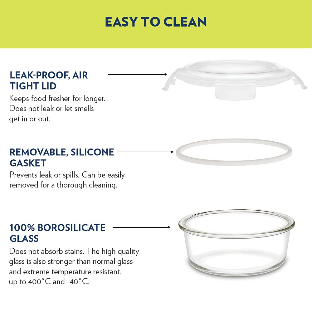Borosil Klip N Store Airtight Glass Food Storage Containers Set of 2 (400ml Each) - Microwave & Oven Safe Round Kitchen Containers with Lids - Perfect for Meal Prep, Leftovers & Pantry Organization
