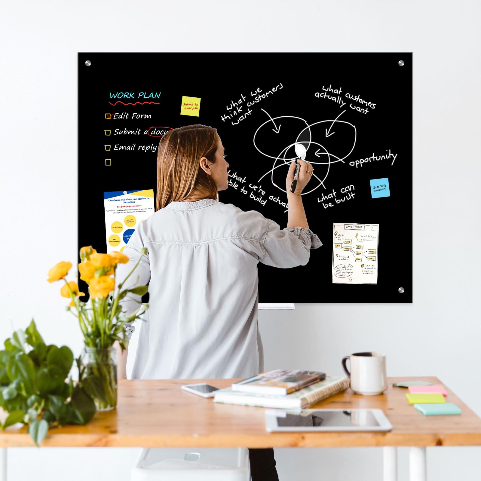 24x18 Inch Magnetic Glass Dry Erase Board - Black Wall Mounted Whiteboard with Marker Tray & 3 Magnets | Perfect for Office Meetings, Home Organization & Classroom Teaching