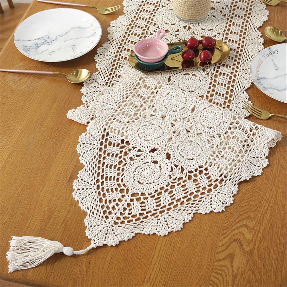 Handmade Hollow Woven Table Runner - American Country Retro Style Dining Table Decor with Pointed Fringe | Cotton TV Cabinet & Coffee Table Dustproof Cloth | Perfect for Farmhouse, Rustic & Boho Home Decor