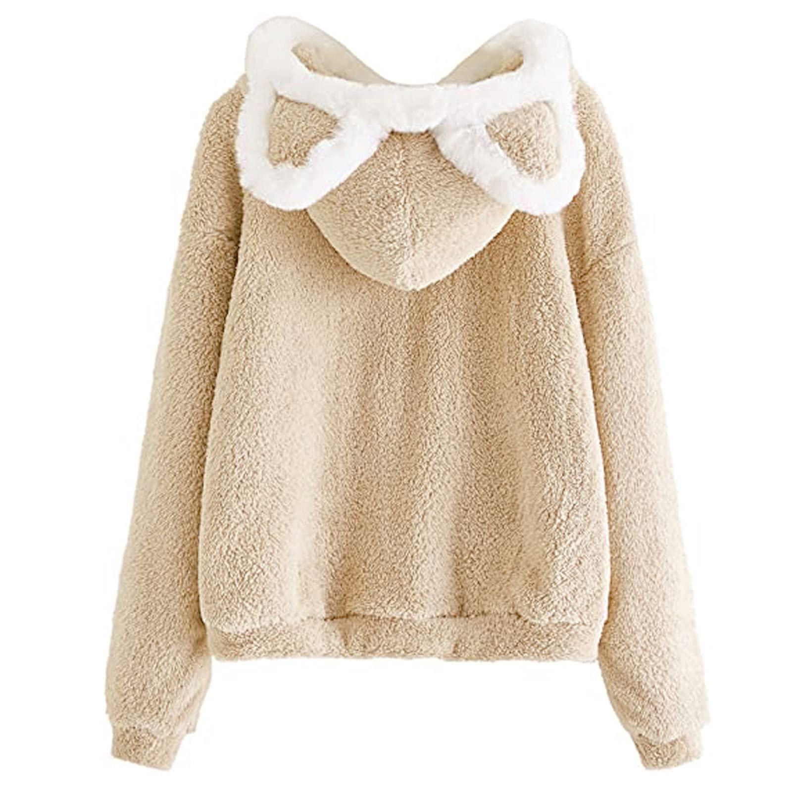 Women's Fuzzy Fleece Pullover Hoodie - Cute Long Sleeve Casual Sweatshirt with Ears | Cozy Winter Jacket for Outdoor Activities & Lounge Wear