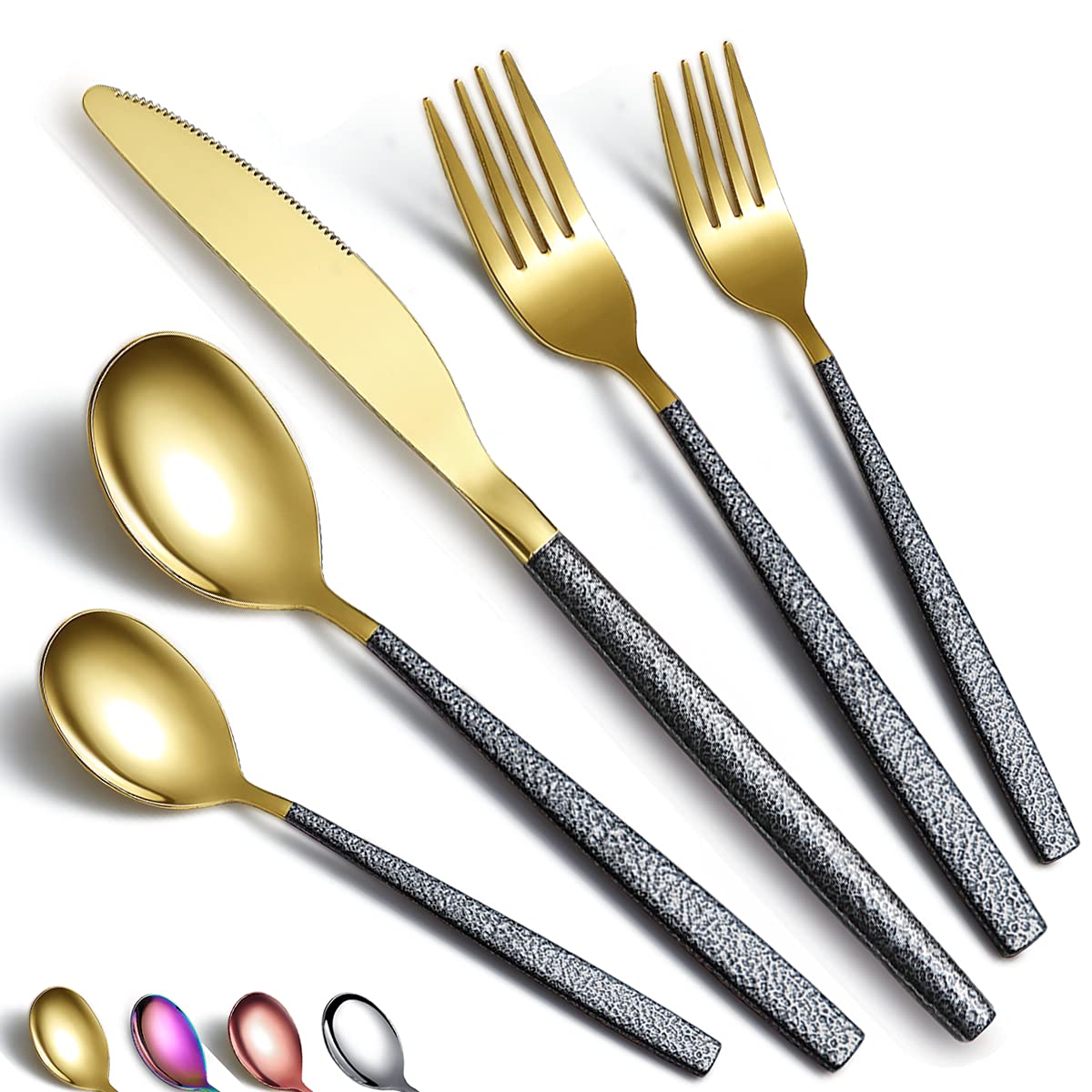 20-Piece Silverware Set - Shiny Gold Head Coating with Black Matte Handle, Stainless Steel Titanium Plated Knives, Spoons & Forks - Flatware Cutlery Set for 4 - Perfect for Dinner Parties, Weddings & Upscale Dining