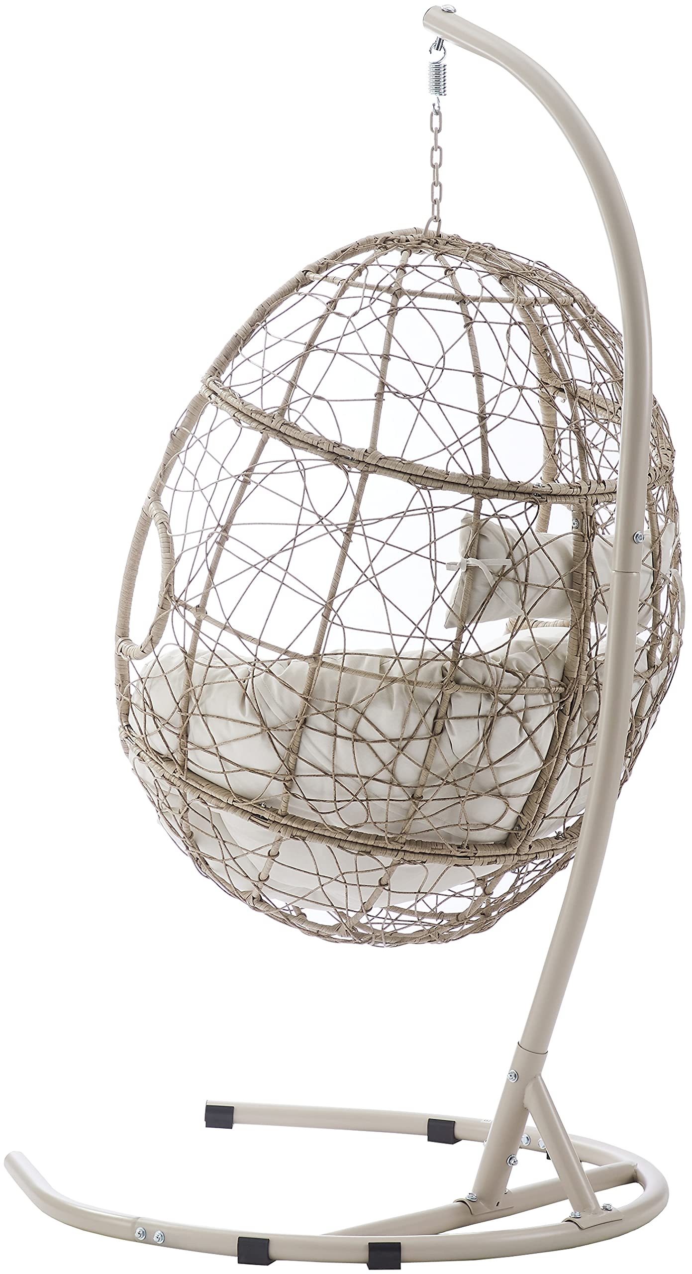 Crosley Cleo Wicker Hanging Egg Chair with Stand - Indoor/Outdoor Patio Swing Chair for Porch, Deck, Garden - Light Brown Rattan with Sand Cushions - Perfect for Relaxing in Backyard, Poolside or Sunroom