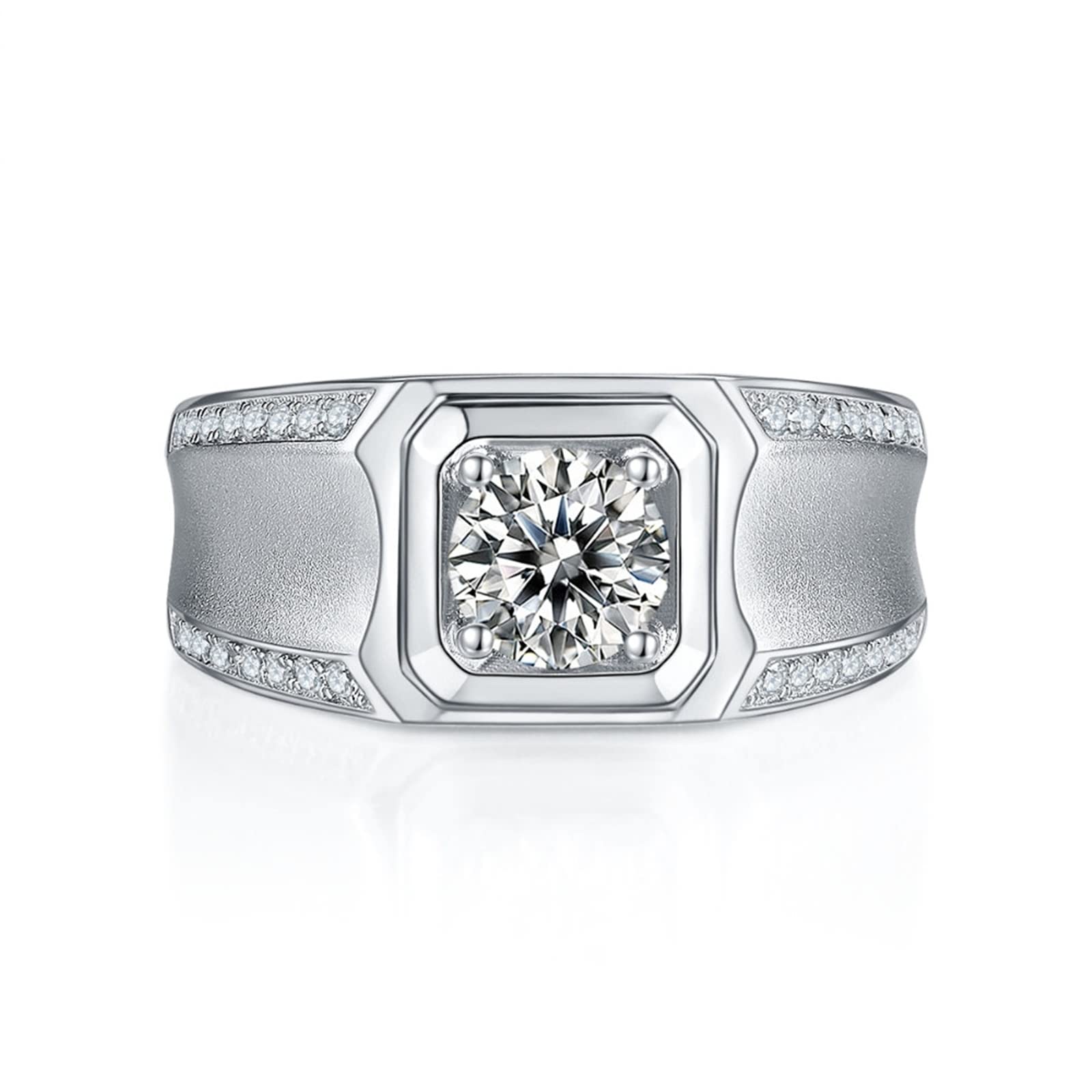 Sterling Silver Men's Rings - White Gold Plated Square Wide Band with Zirconia - Perfect for Wedding, Engagement & Everyday Wear