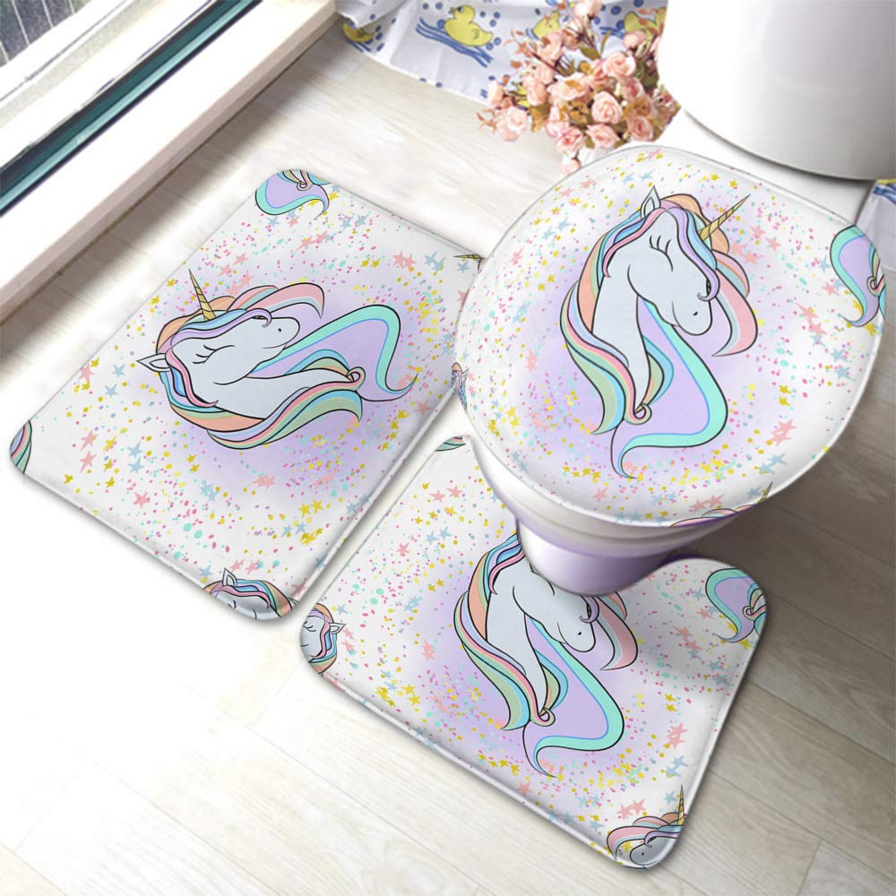 **Unicorn Bath Mat Set - 3 Piece Non-Slip Bathroom Rug with Stars & Polka Dots, Cute Rainbow Hair & Horn Design - Soft Toilet Seat Cover & Anti-Skid Pad for Kids & Adults - Perfect for Bathroom, Nursery, or Gift**