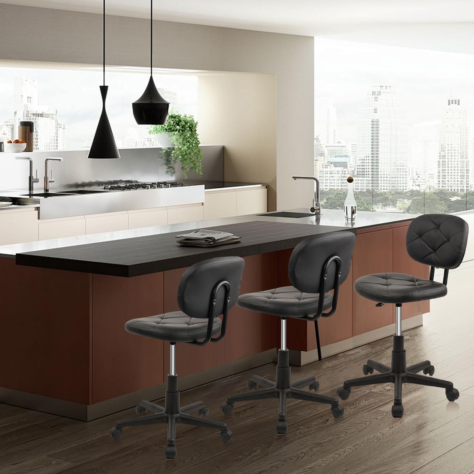 Adjustable Height Rolling Stool Chair with PU Leather Backrest - Ergonomic Office Chair for Standing Desk, Computer Work & Home Use - Set of 2 (Ideal for Small Spaces, Salon, Kitchen & Workspaces)