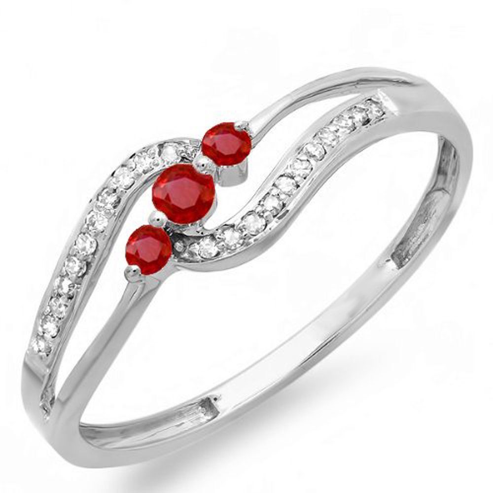 Dazzlingrock Collection 10K Solid White Gold Round Ruby & White Diamond Women's 3-Stone Engagement Promise Ring - Perfect for Proposals, Anniversaries & Romantic Gifts
