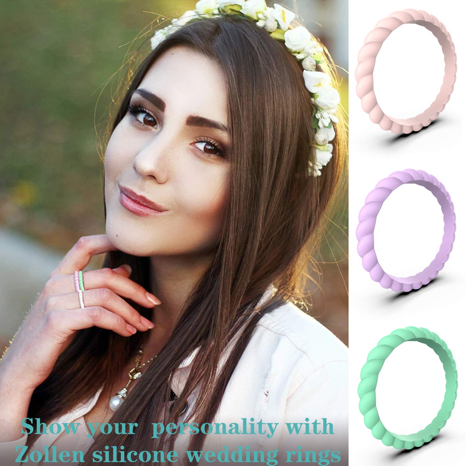 Zollen 12 Pack Thin Braided Silicone Wedding Rings for Women - Hypoallergenic Rubber Wedding Bands, Stackable Comfort Fit Rings for Active Lifestyle, Gym, Swimming & Outdoor Activities
