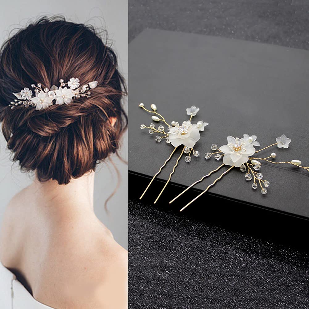 26 Pack Gold Flower Pearl Wedding Hair Combs & U-Pins - Rhinestone Crystal Bridal Hair Accessories for Women, Bridesmaids, Girls - Perfect for Weddings, Prom, Parties & Special Occasions