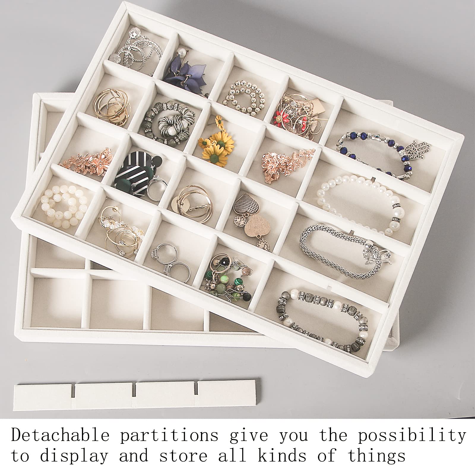 2-Piece Stackable 24-Grid Jewelry Organizer Tray - Necklace, Earring, Ring & Bracelet Storage Box with Drawer - Beige Display Holder for Bedroom Vanity & Travel Accessory Organization
