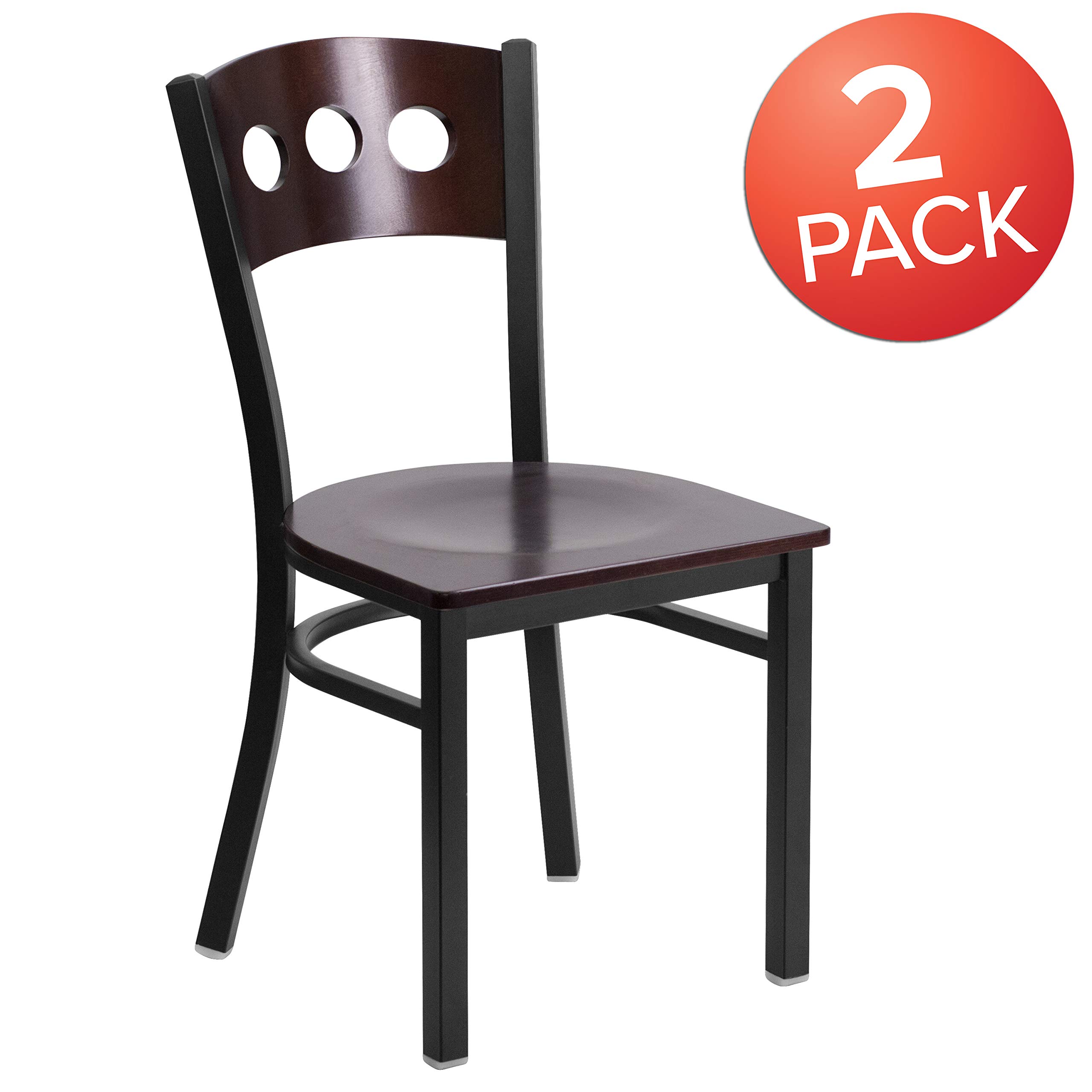 2 Pack Black Metal Restaurant Chairs with 3 Circle Back Design & Walnut Wood Seat - Modern Dining Chairs for Kitchen, Cafe, Bistro, and Home Decor