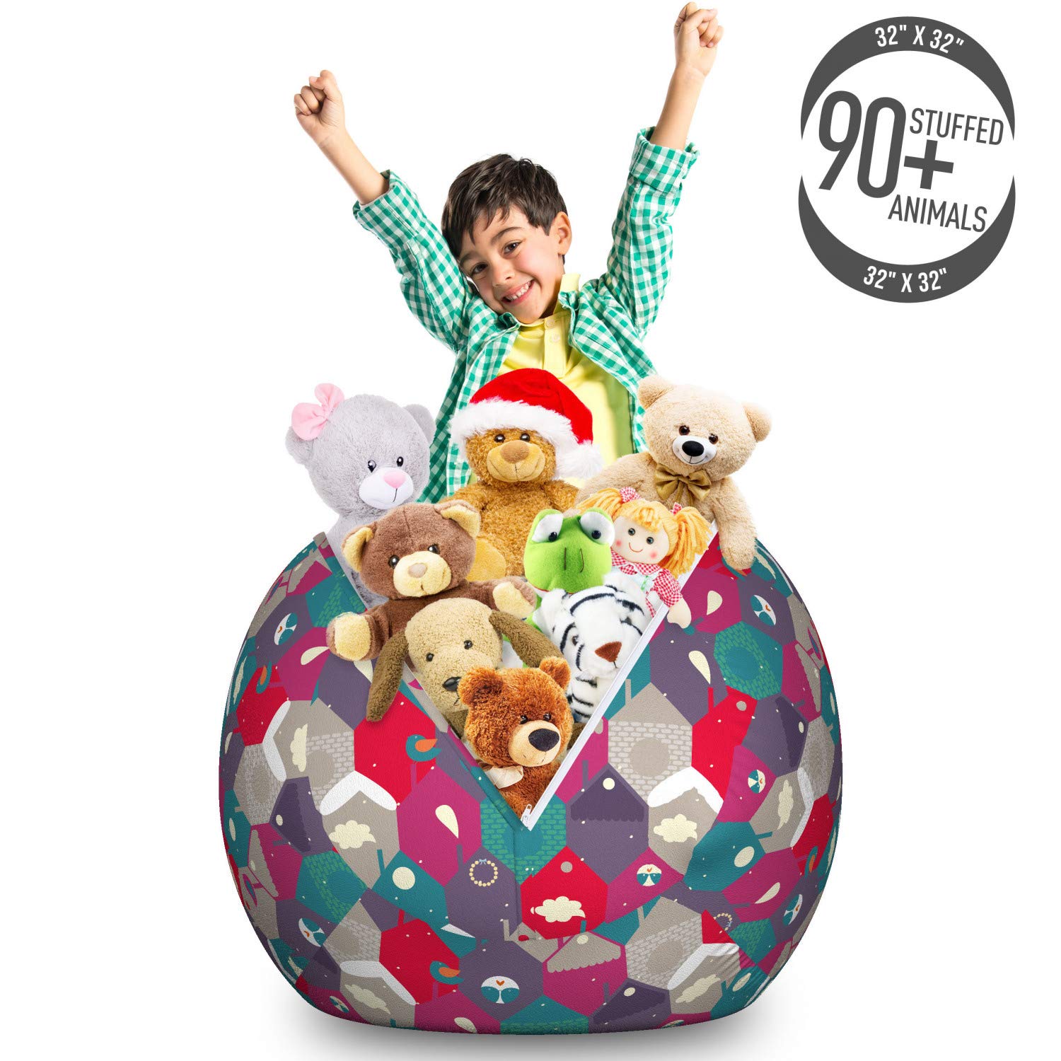 Ambesonne Large Washable Winter Storage Toy Bag Chair - Pastel Hexagon & Cityscape Bird Design, Stuffed Animal Organizer for Kids' Room, Playroom & Nursery Organization (Multicolor)