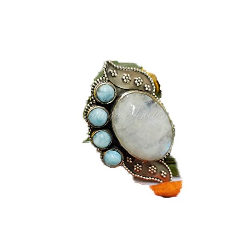 Natural Moonstone & Larimar Sterling Silver Ring - Antique Vintage Unique Jewelry - Five Stone Bohemian Statement Ring - Handmade Dominican Republic Larimar Jewelry - Perfect for Boho Chic Outfits, Beach Weddings & Spiritual Healing