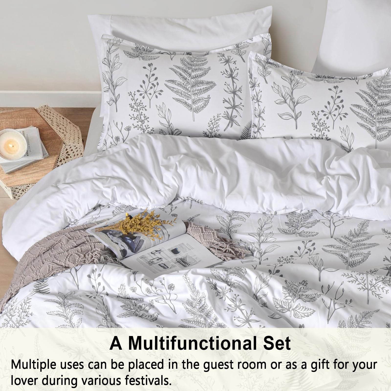 PHF 7-Piece King Comforter Set - Ultra Soft Reversible Botanical Bedding | Includes Comforter, Pillow Shams, Flat Sheet, Fitted Sheet & Pillowcases | Perfect for Master Bedroom, Guest Room & Cozy Home Decor | White