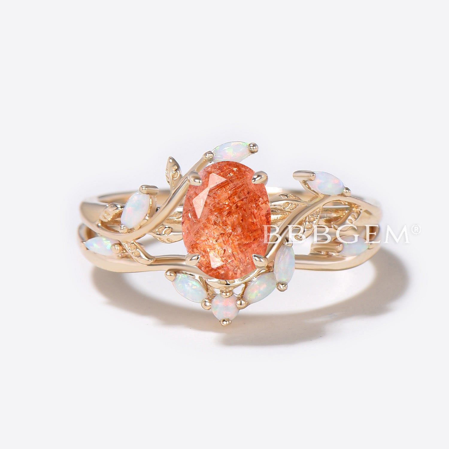 1.5ct Oval Sunstone Engagement Ring - 14K Gold Leaf Vine Design with Opal Accents - Elegant Wedding Band for Women - Perfect for Proposals, Anniversaries & Special Occasions