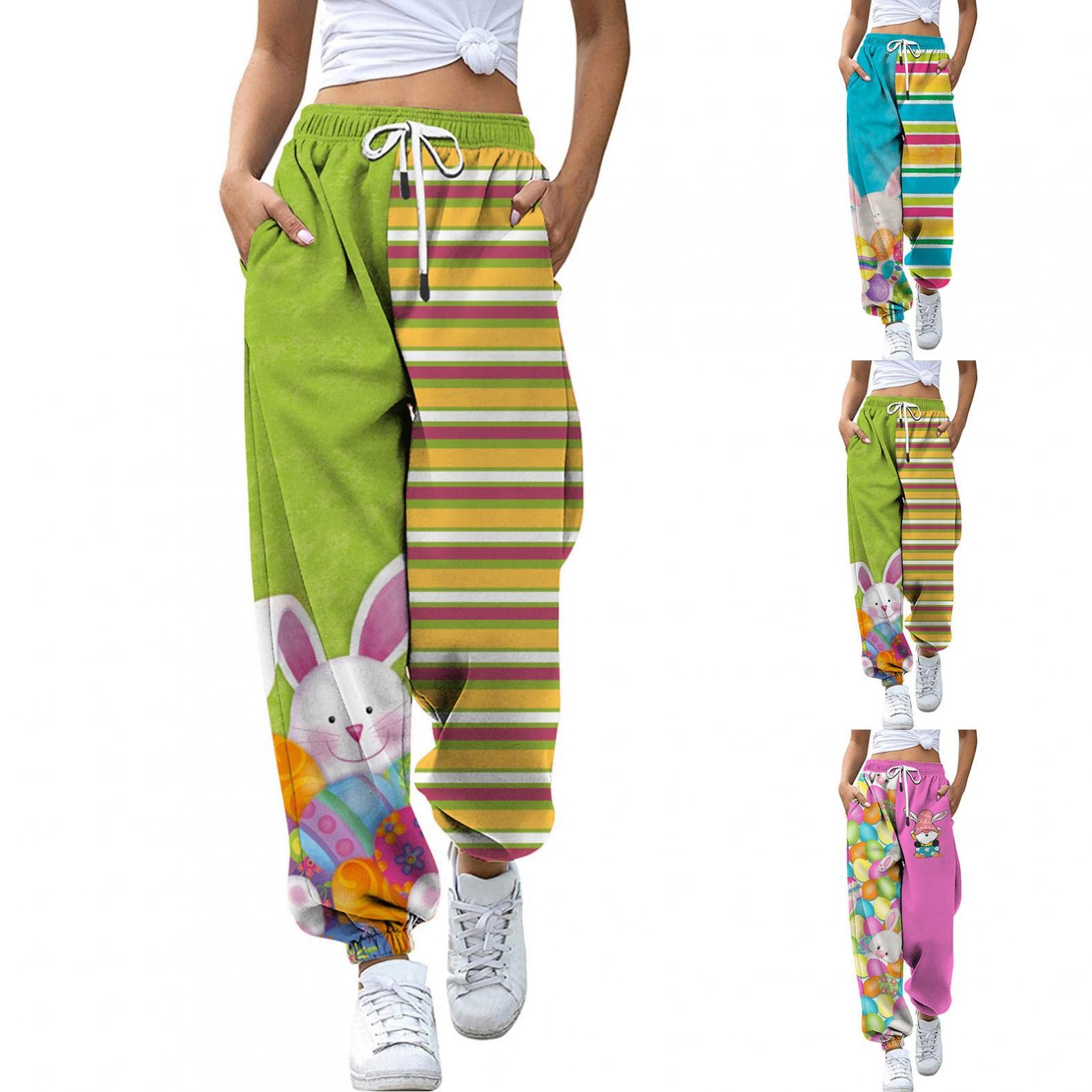 Women's Jogger Pants with Drawstring Elastic Waist & Cuffed Hem - Easter Bunny Egg Print Sweatpants for Running, Yoga & Casual Wear