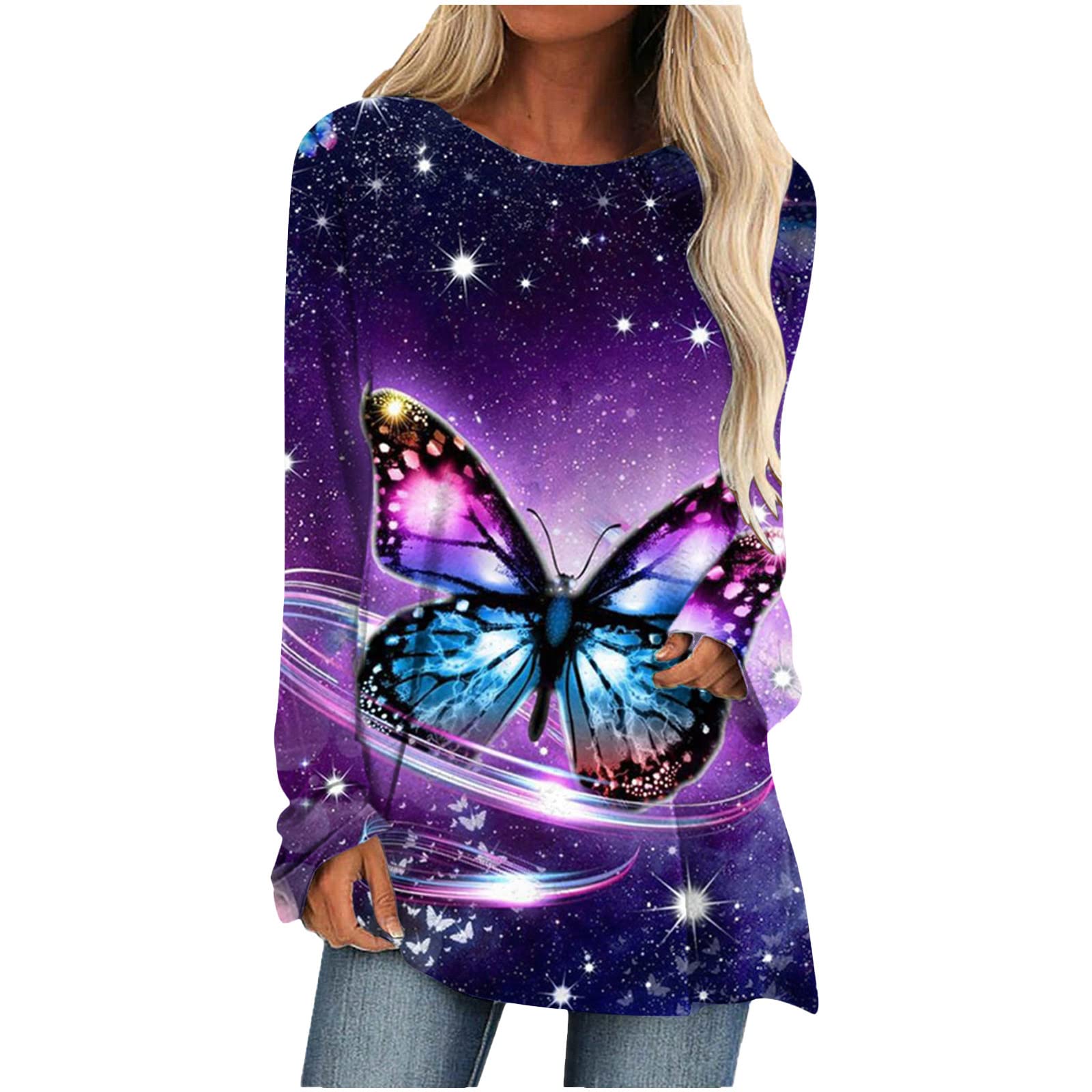 Women's Long Sleeve Butterfly Print Sweater - Soft Crewneck Loose Hem Pullover Blouse for Casual Wear | Perfect for Office, Date Night & Fall Layering