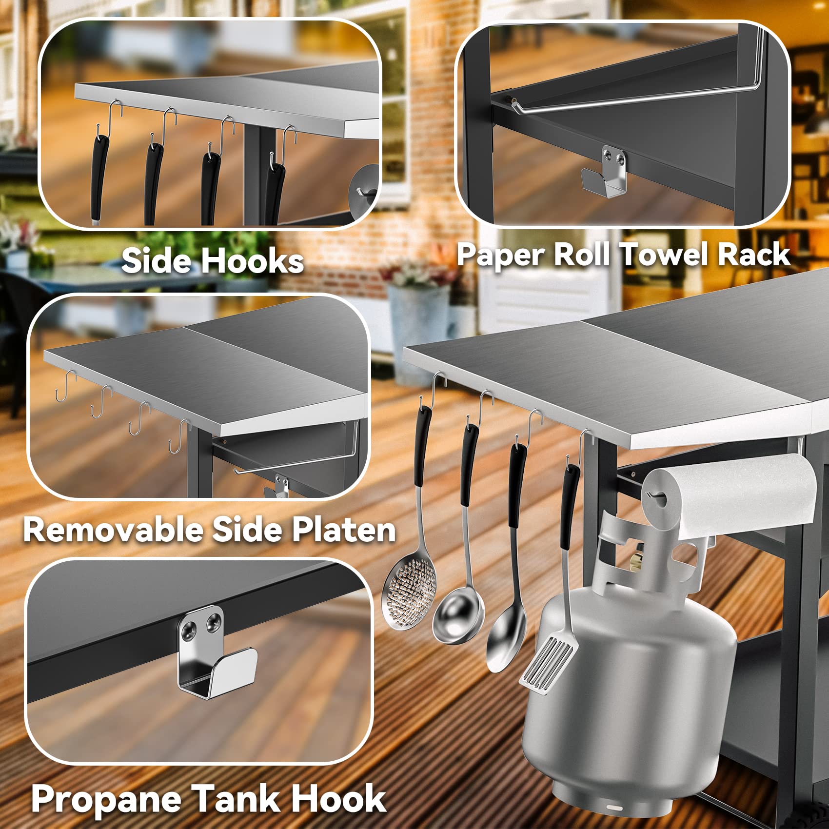 **Skyflame Portable Outdoor Dining Cart with 3-Tier Stainless Steel Shelves – Heavy-Duty BBQ Grill Cart, Mobile Food Prep Table with Wheels for Kitchen, Pizza Oven, Patio & Backyard Grilling – Perfect for Outdoor Cooking, Entertaining & Camping**