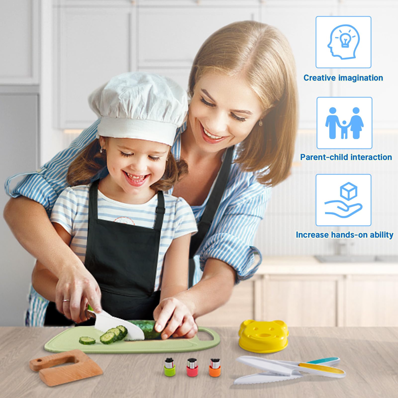 10-Piece Toddler Knife Set - Kids Safe Knives for Real Cooking, Montessori Kitchen Tools with Cutting Board, Apron, Sandwich Cutter & Fruit Cutters - Perfect for Early Learning, Snack Prep & Family Cooking Activities