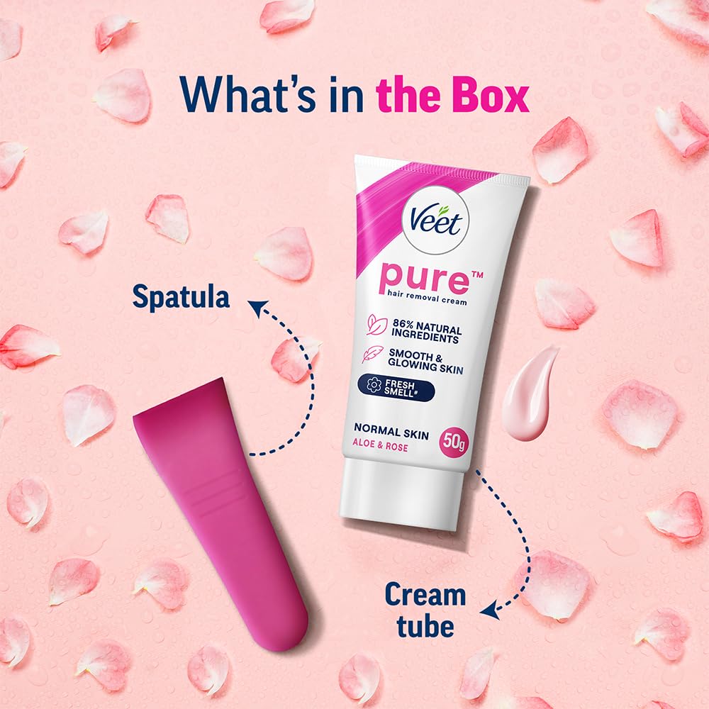 Veet Pure Hair Removal Cream for Women - Gentle Formula for Normal Skin, 50g | Safe for Legs, Underarms, Bikini Line & Arms | At-Home Smooth Skin Solution for Quick Hair Removal