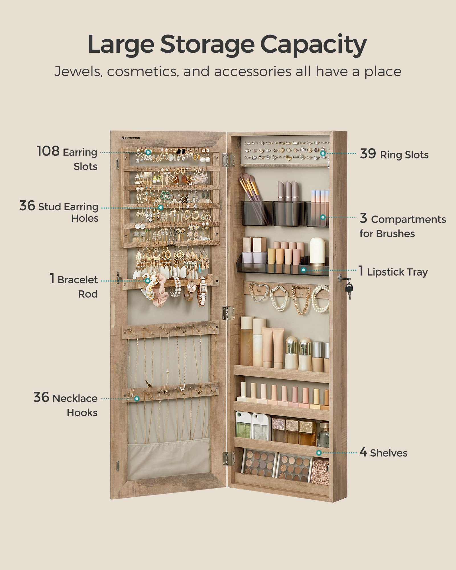 SONGMICS Wall Mounted Jewelry Cabinet with Mirror - Lockable Hanging Jewelry Organizer with 2 Cosmetic Trays, Toasted Oak Finish - Perfect for Bedroom, Bathroom or Closet Organization & Gift Giving