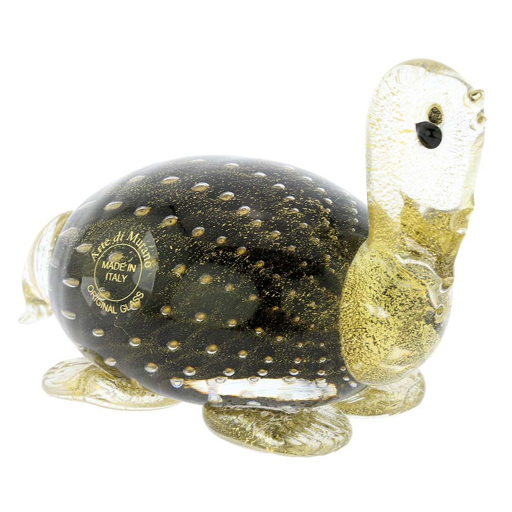 Authentic Murano Glass Bullicante Turtle Figurine - Handcrafted Black Venetian Art Piece | Perfect for Home Decor, Gift, or Collectible